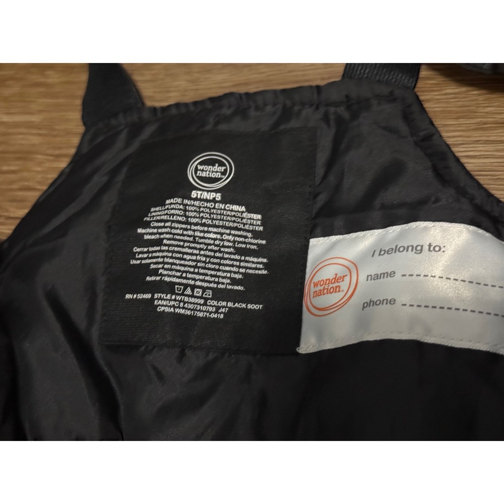 Wonder Nation Kids Black Soot Insulated‎ Snow Bibs Overalls 5T NP5 Winterwear - Picture 5 of 6